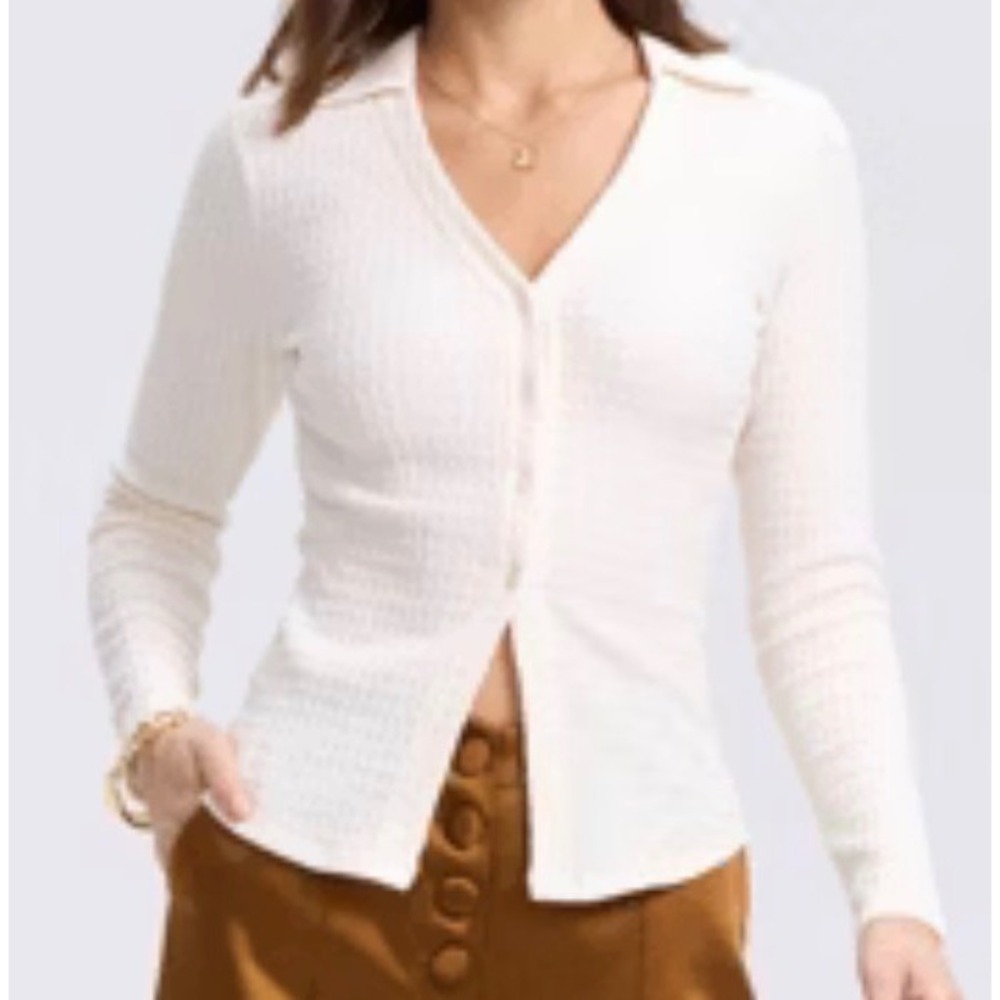 A New Day Womens Textured Long Sleeve Button Down Top Sour Cream XS